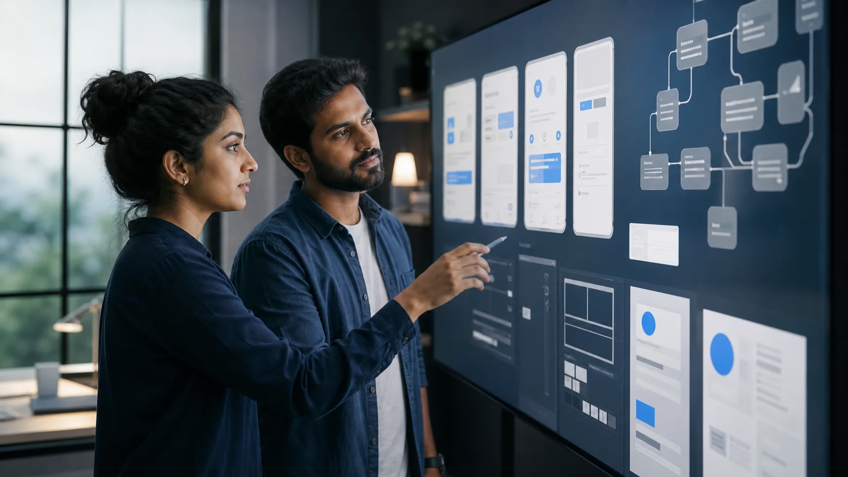 Digital product team reviewing interface and system architecture